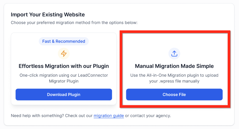 Select All-in-One WP Migration Screenshot of HighLevel WordPress site info, highlighting the 'All-in-One WP Migration plugin' option for importing an existing website.