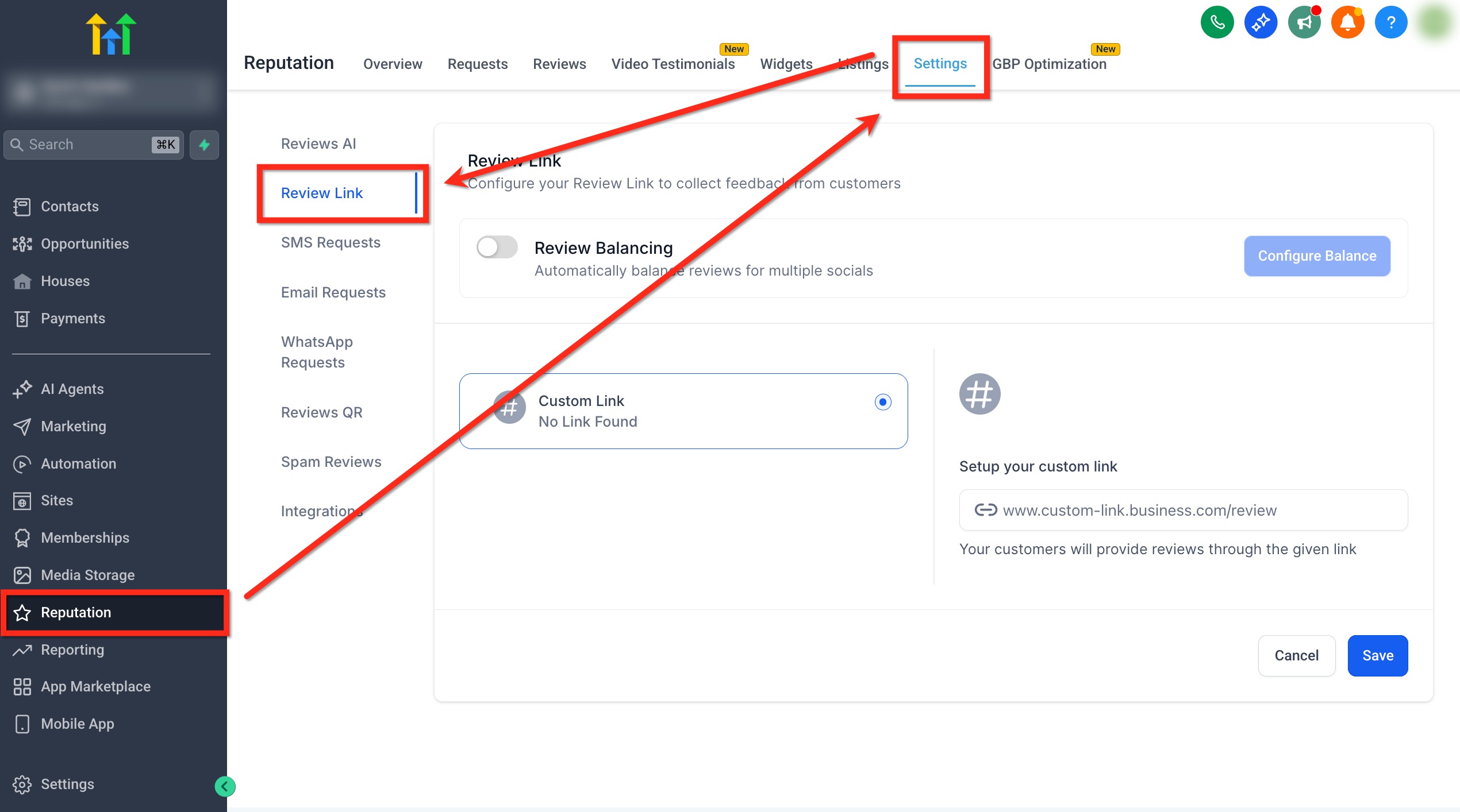 Review Link Settings Screenshot of GoHighLevel Reputation settings showing the Review Link configuration with Review Balancing and Custom Link options.
