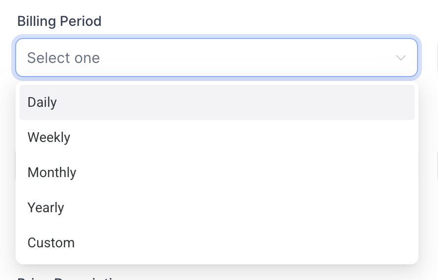 Screenshot of the product pricing settings, highlighting the 'Trial period' field where users can specify the duration of a free trial, such as '5 days'.