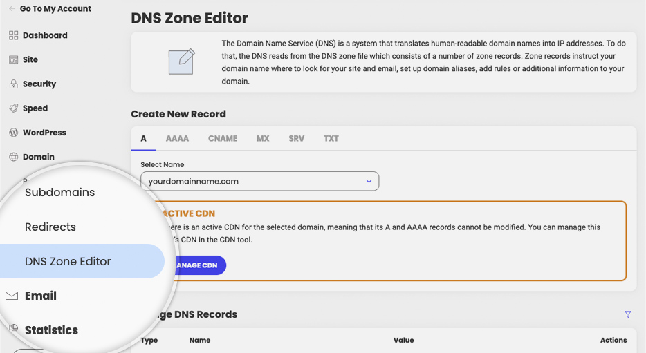 SiteGround Site Tools dashboard with 'Domain' and 'DNS Zone Editor' navigation path highlighted.