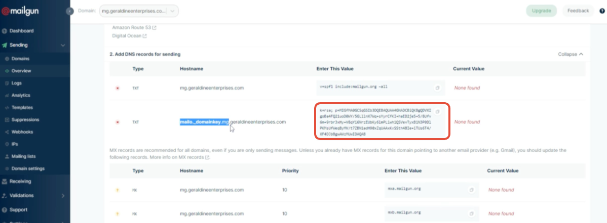 Namecheap DKIM TXT Entry Screenshot of Namecheap DNS entry fields with DKIM TXT record host and value entered