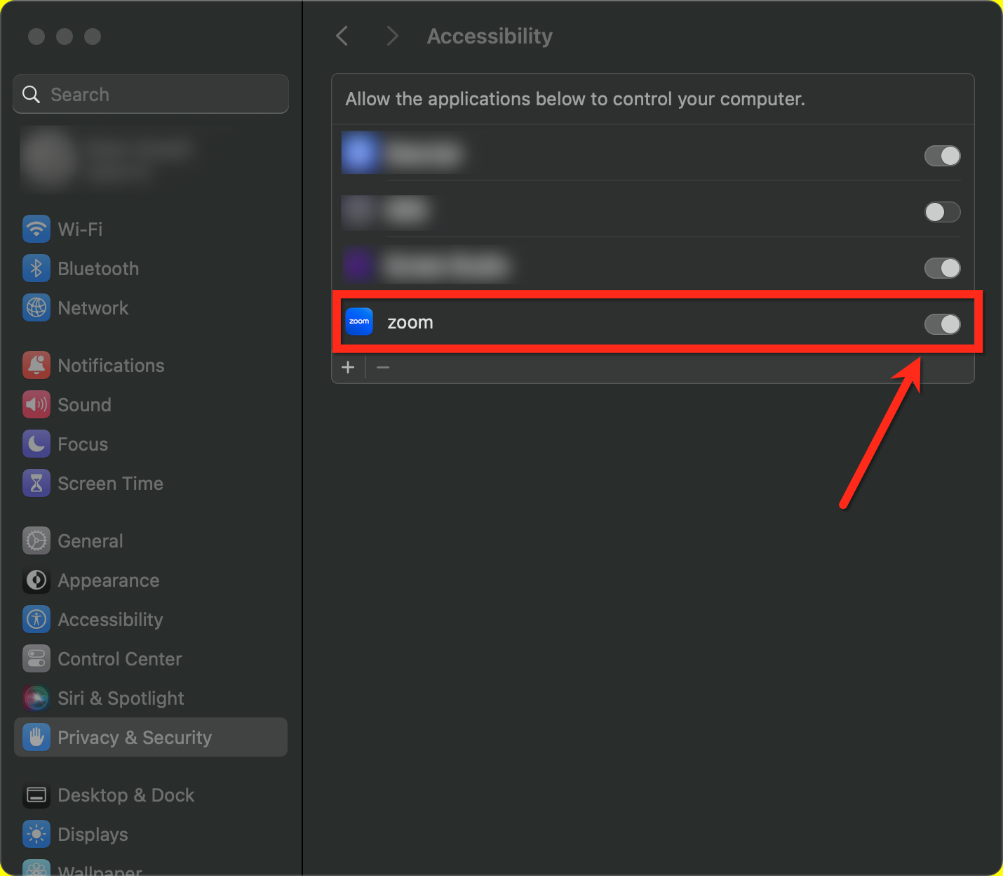 Mac System Preferences under Privacy & Security, with Screen Recording enabled for the Zoom.us app.