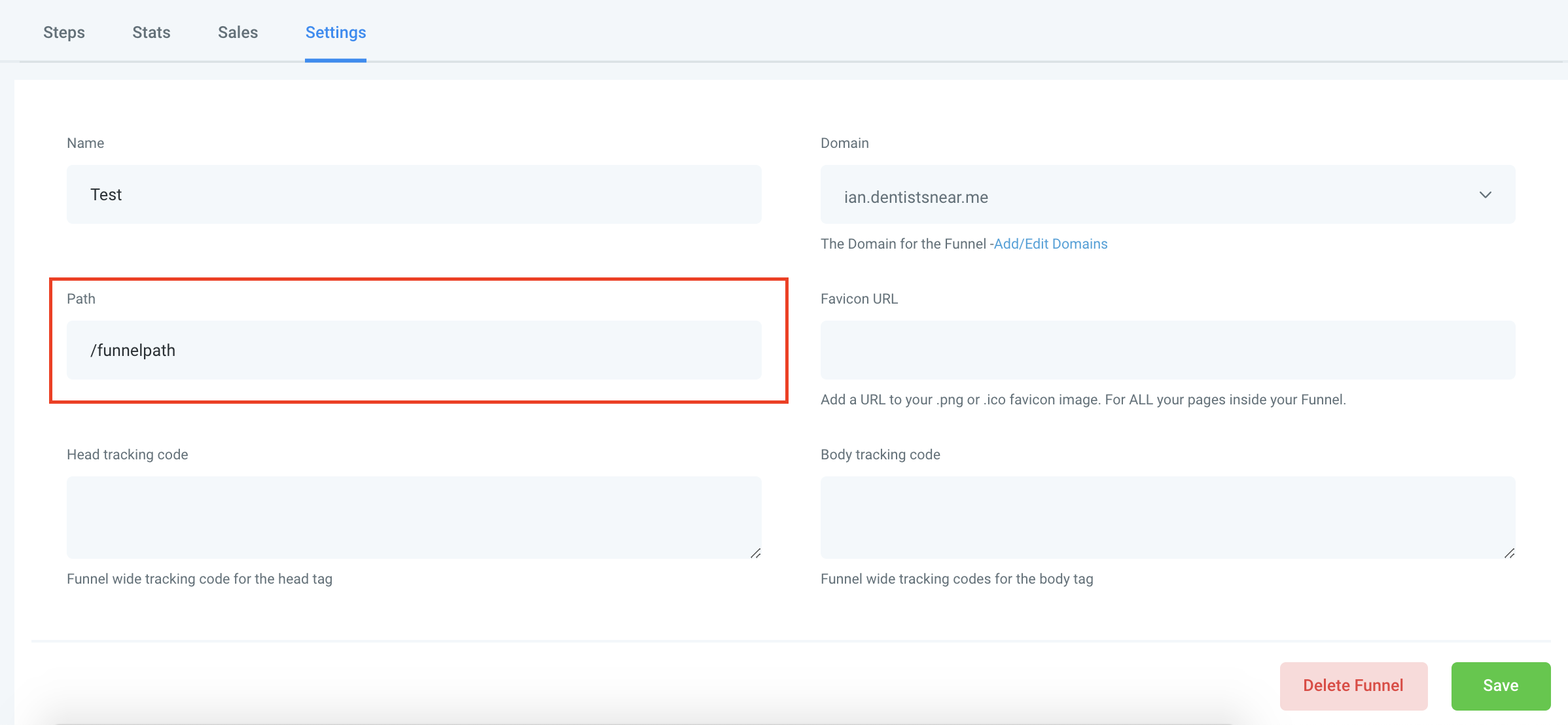 Screenshot demonstrating where to locate and configure the main Funnel URL within GoHighLevel funnel settings, which serves as the entry point.