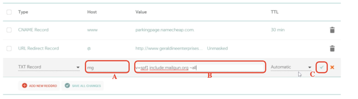 Namecheap Record Type Dropdown Screenshot of the Namecheap DNS record type dropdown menu