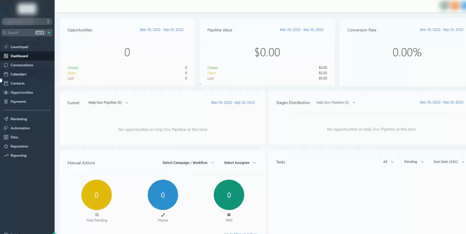 Animated GIF demonstrating how to navigate to the Manual Actions tab within the Conversations section of the GoHighLevel desktop app.