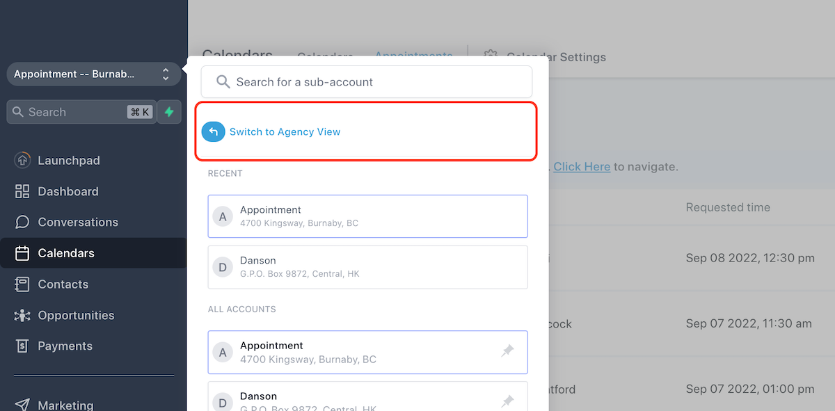 Screenshot showing the GoHighLevel sidebar with "Switch to Agency View" highlighted.