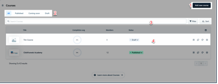 Screenshot demonstrating a course curriculum in HighLevel with modules and lessons listed, indicating progress tracking and content display.