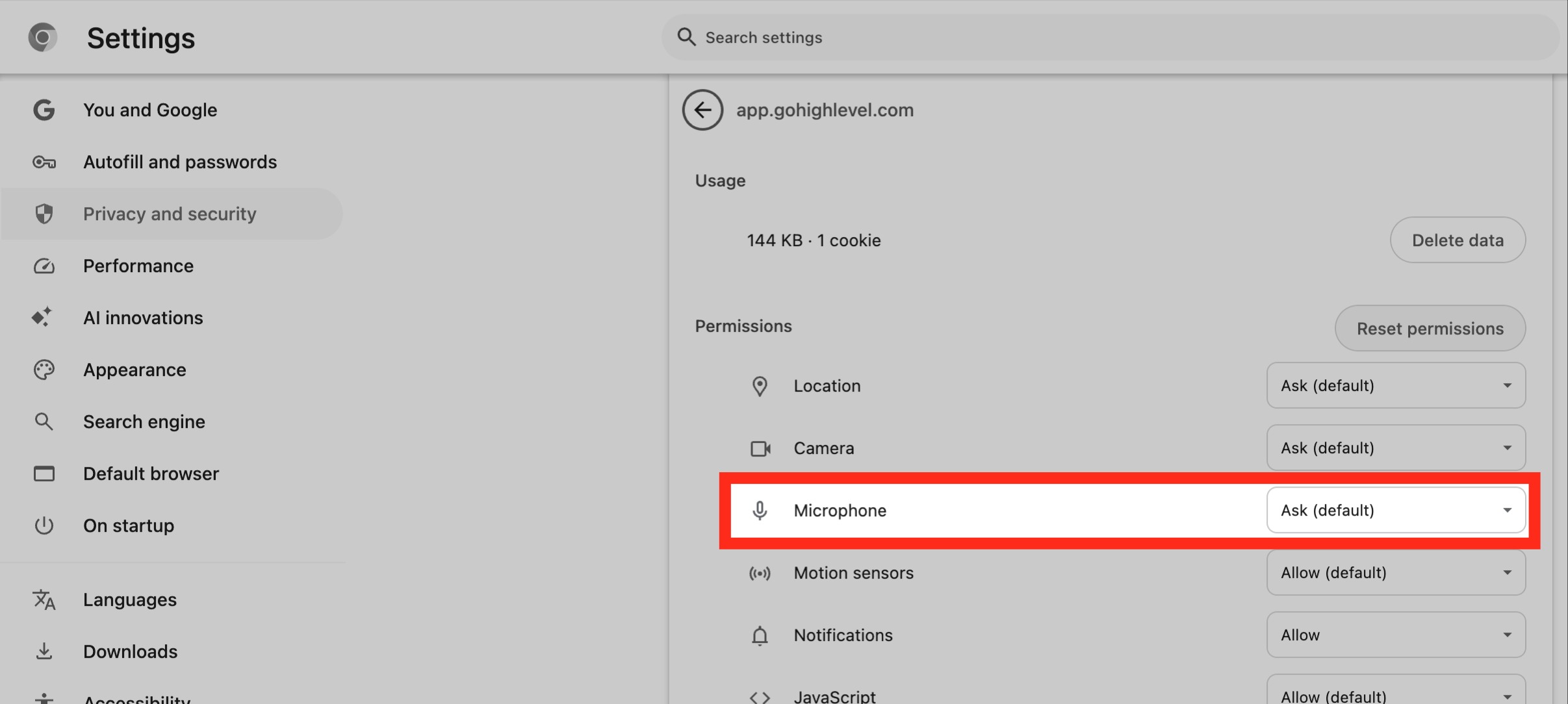 Screenshot of Chrome's site settings dialog, confirming microphone access is allowed for the GoHighLevel web app.