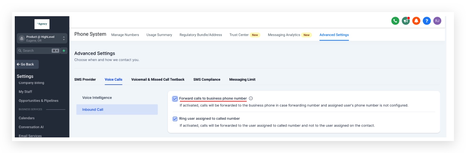Screenshot highlighting the 'Forward calls to business phone number' checkbox in GoHighLevel Phone Numbers Advanced Settings for Inbound Call.