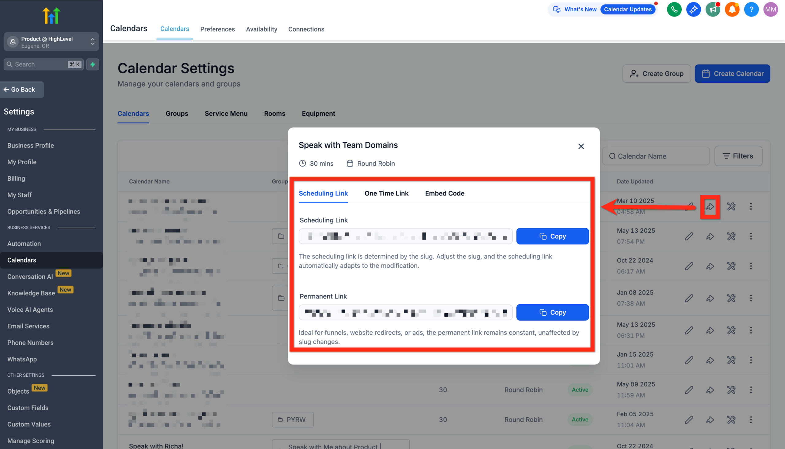 Screenshot displaying the option to copy the HighLevel booking calendar link or embed code after creation, ready for sharing.