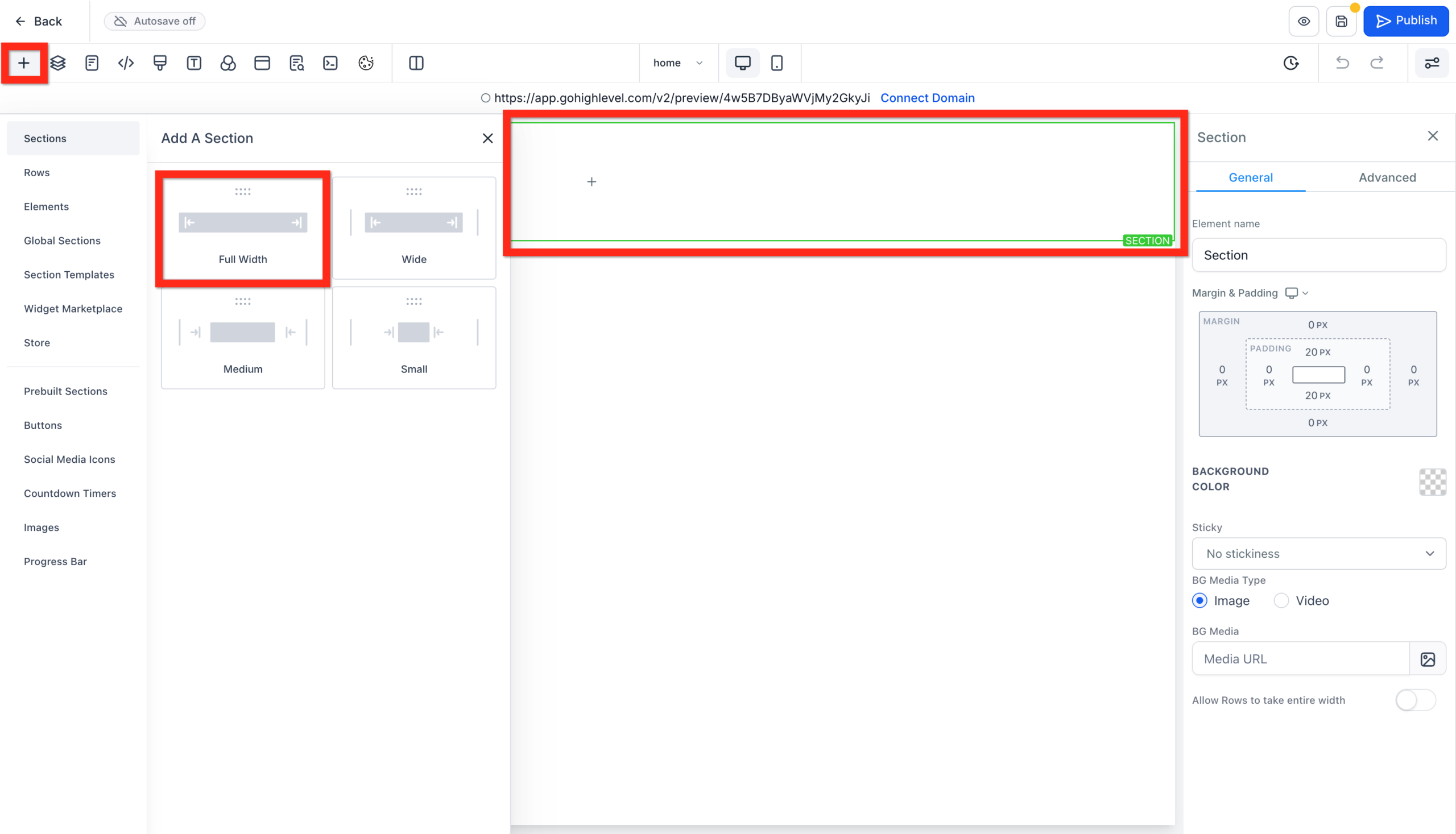 GoHighLevel website builder with the 'Add Section' button clicked and 'Full Width' section option selected.