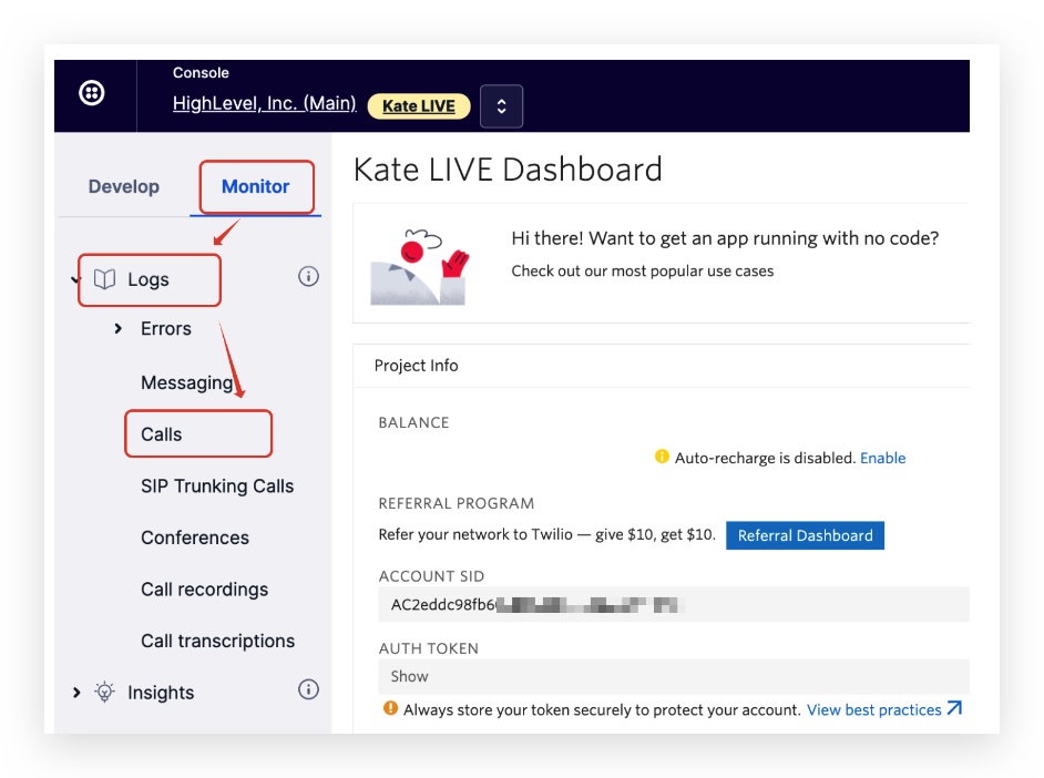 Screenshot of the Twilio Console navigation, highlighting the path to access call logs: 'Monitor' then 'Logs' and finally 'Calls' to view detailed call event data.