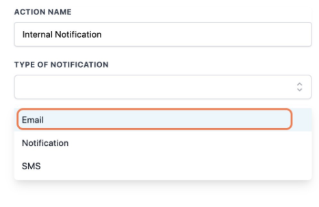 Dropdown menu in GoHighLevel for selecting internal notification type: Email, SMS, or In-App.