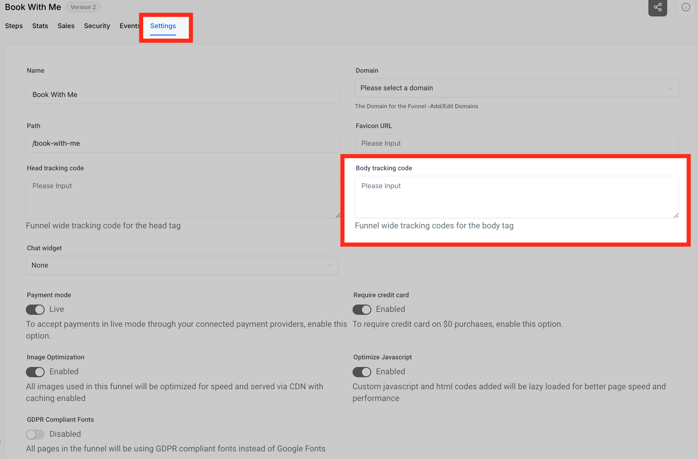 Body Tracking Code Field Pasting the number pool snippet into the Body Tracking Code field of a funnel's settings
