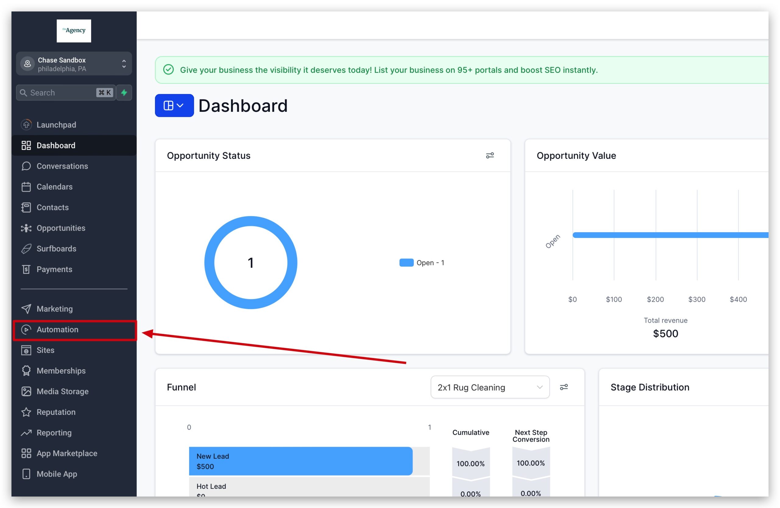 Editing Opportunity Status Navigate to Workflows in GoHighLevel Automation section