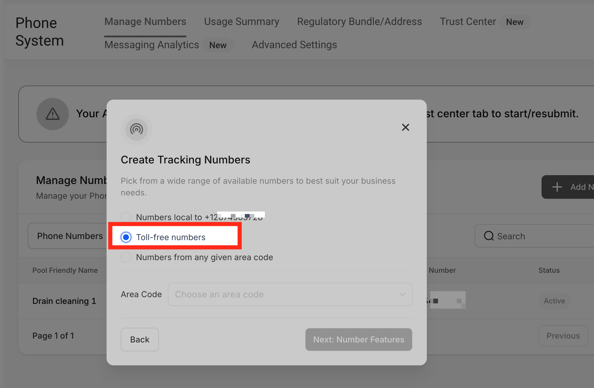 Toll-Free Numbers Selection Options for selecting toll-free numbers for the tracking pool