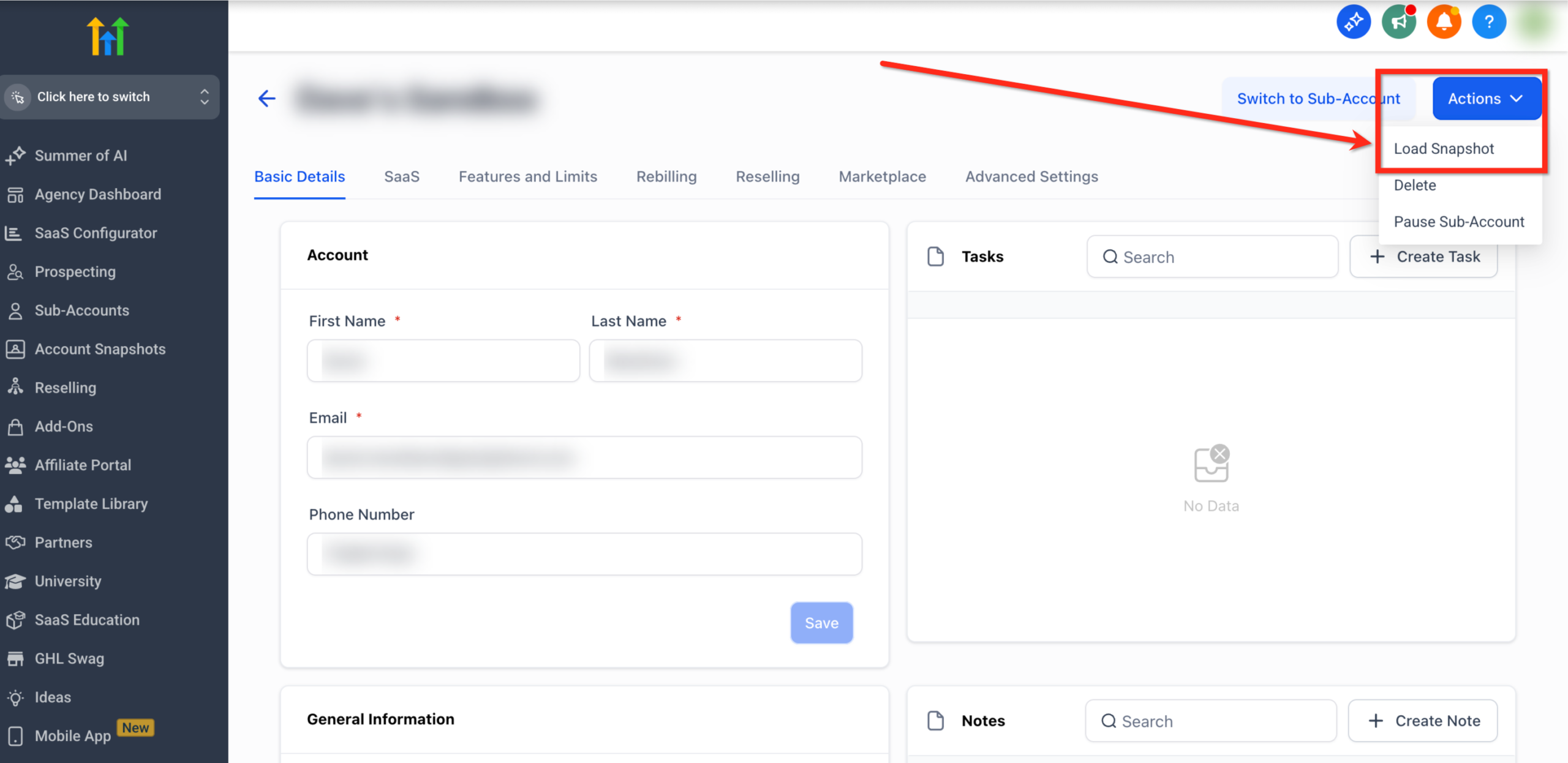 Screenshot within a GoHighLevel client sub-account showing the 'Actions' button in the top-right corner, with the dropdown menu open and 'Load Snapshot' selected.