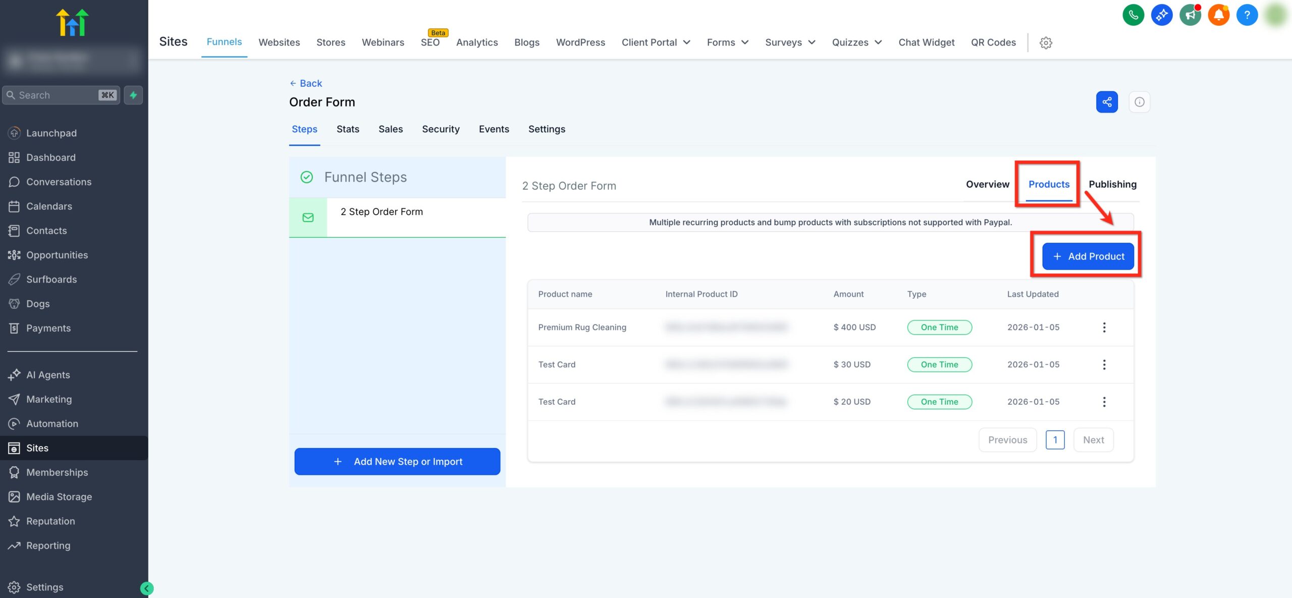 Screenshot of the GoHighLevel funnel editor sidebar, highlighting the 'Products' tab and the '+ Add Product' button.