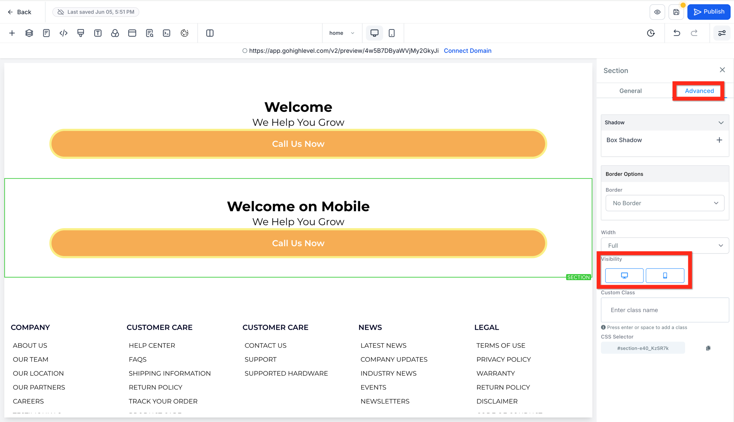 GoHighLevel website builder showing advanced settings for an element, with options to control visibility on desktop and mobile devices for responsive design.