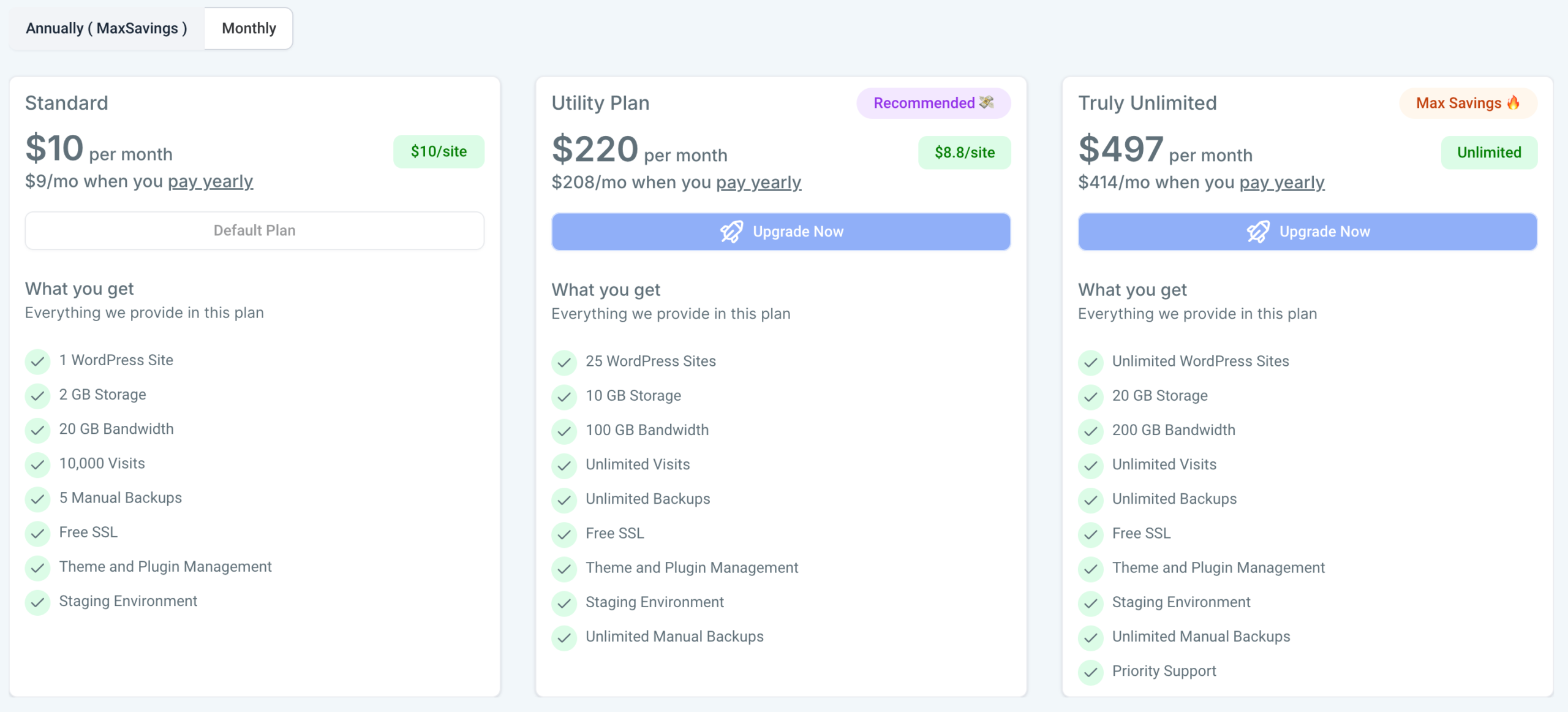 Screenshot of HighLevel WordPress hosting plans, showing Standard, Utility, and Truly Unlimited tiers with their respective monthly and annual costs