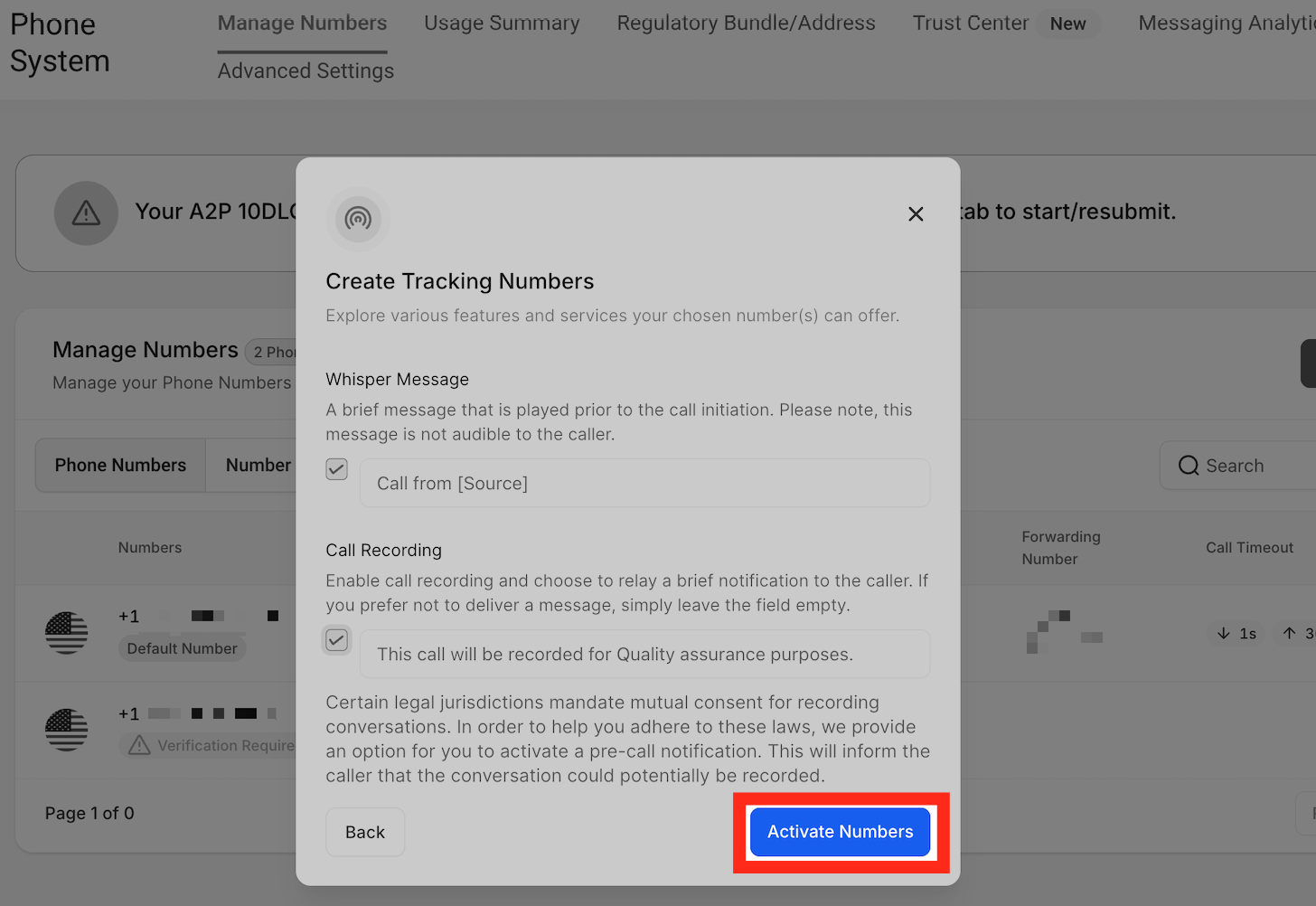 Activate Number Button Button to activate the call tracking number pool