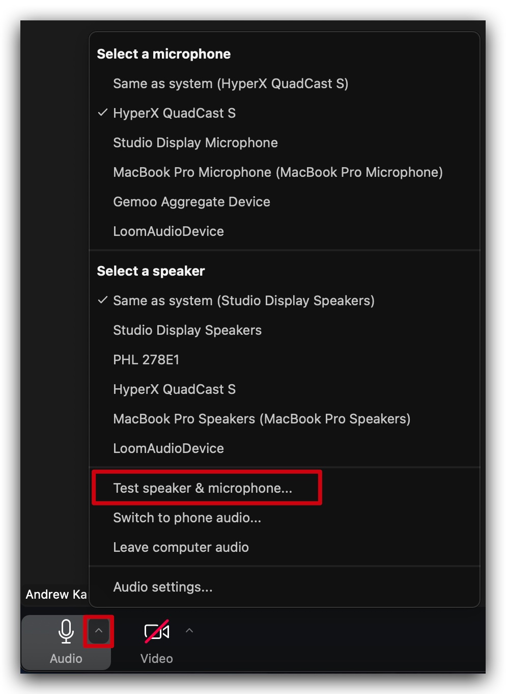 Zoom audio settings window highlighting the 'Test Mic' and 'Test Speaker' buttons for verifying audio functionality.