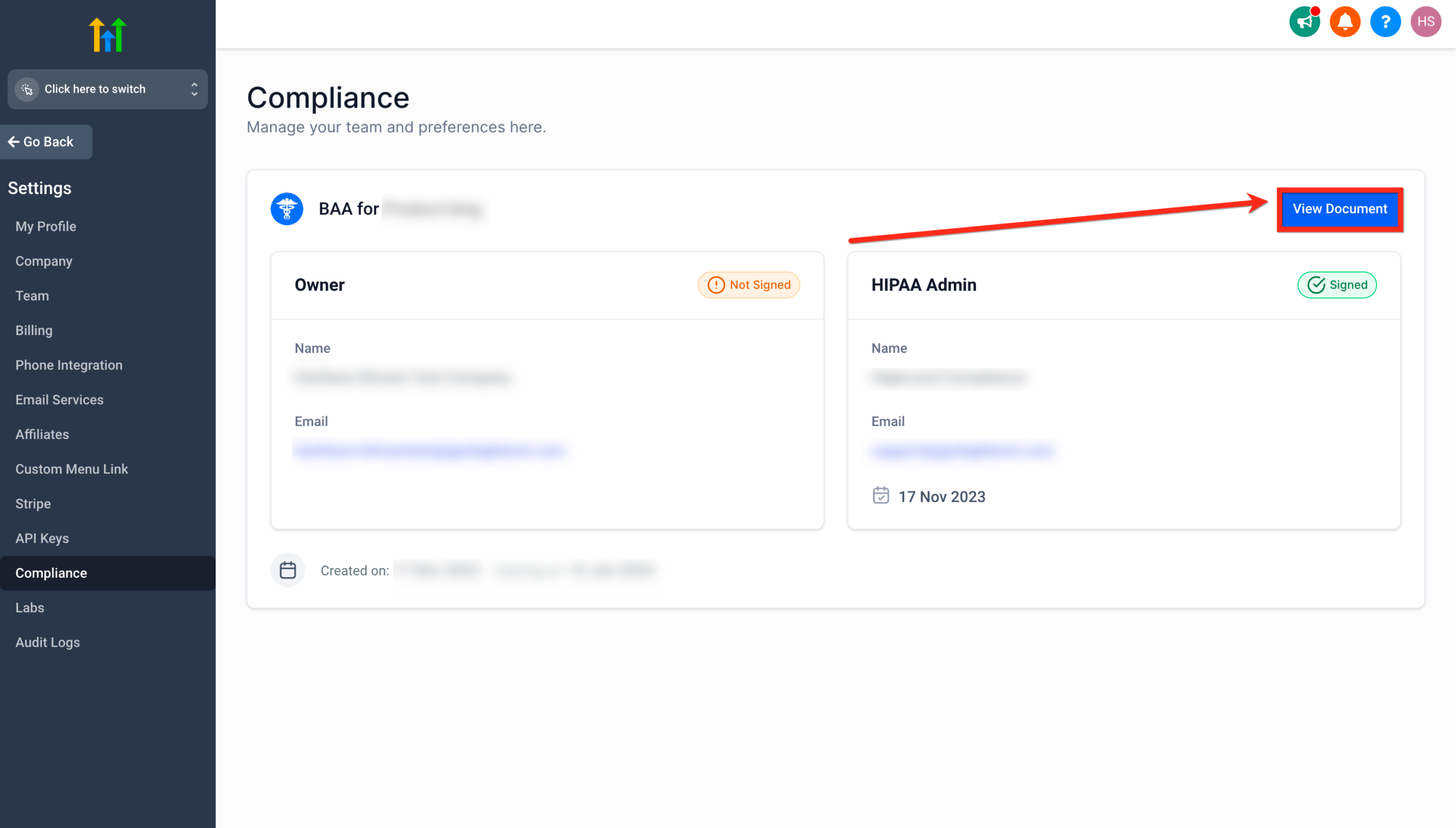 Screenshot of the 'View Document' button highlighted for accessing the BAA.