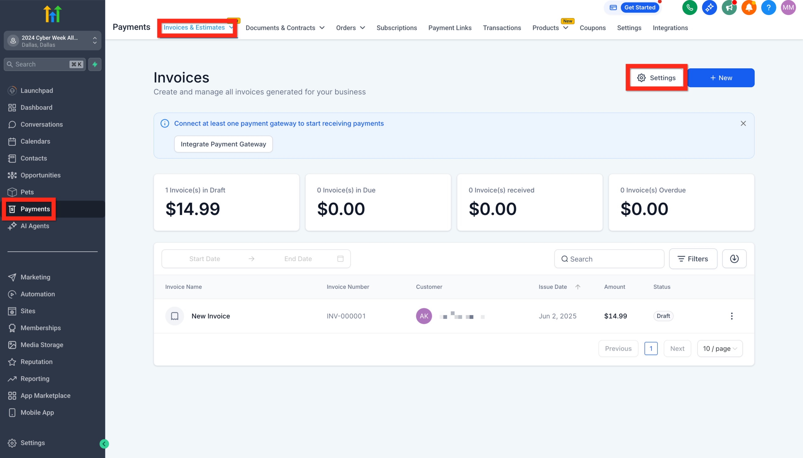 GoHighLevel Invoice Settings Icon Screenshot showing the gear icon for invoice settings in GoHighLevel's Invoices & Estimates section.