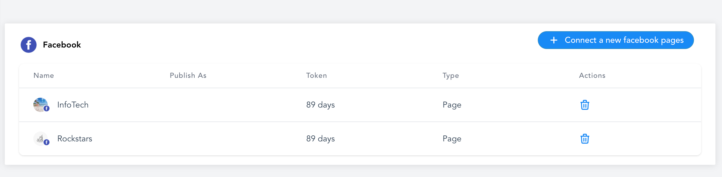 Confirmation screen showing a successful connection of a Facebook account to Social Planner.