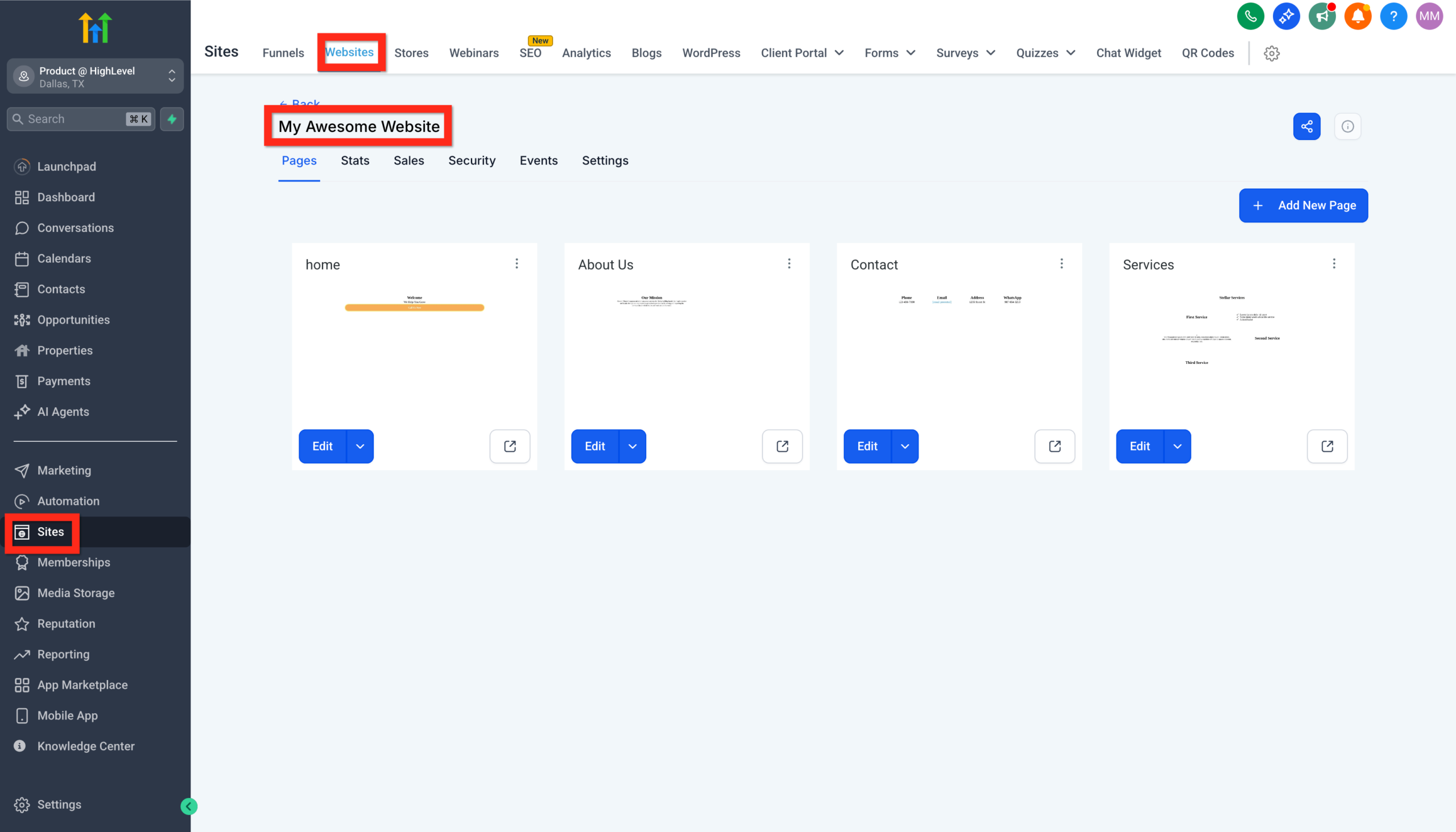 GoHighLevel dashboard showing navigation to 'Sites' then 'Websites', with the 'Back' button highlighted in the page editor, preparing to add navigation.