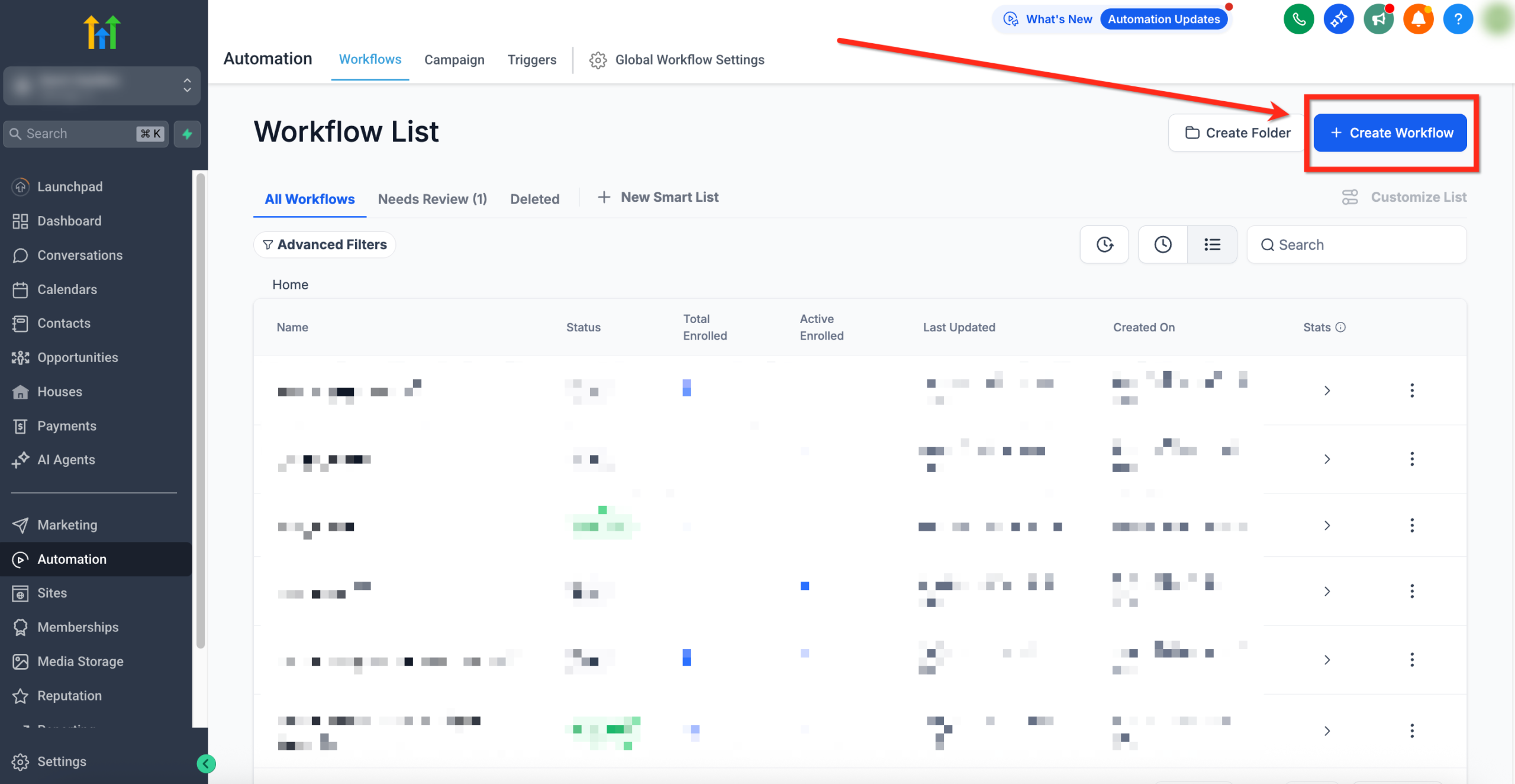 Create New Workflow Screenshot of the GoHighLevel marketing dashboard with the 'Workflows' menu item highlighted and an arrow pointing to the '+ Create Workflow' button.