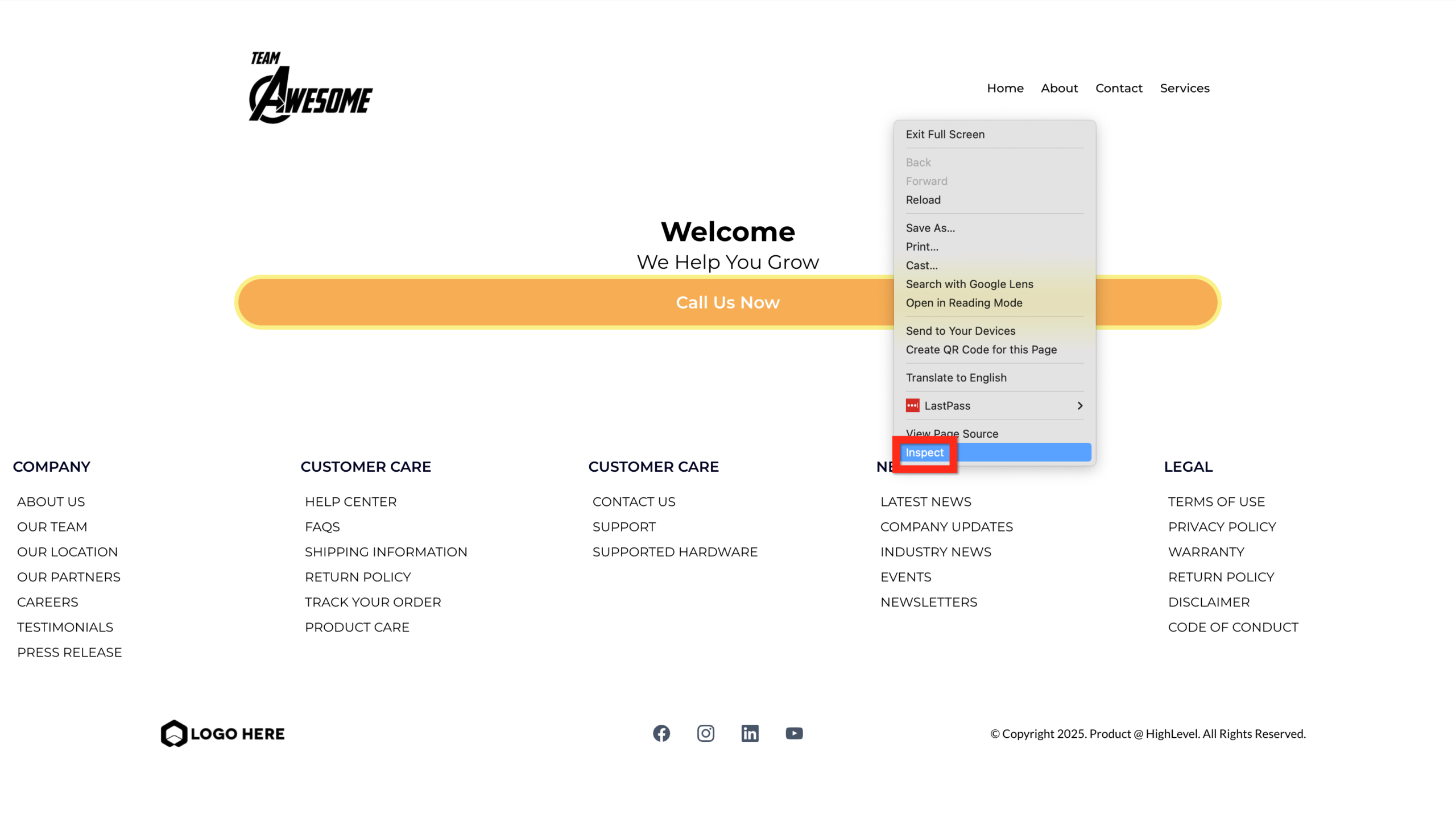 GoHighLevel website builder showing the device switcher dropdown with 'Mobile' selected, displaying the page in mobile view.