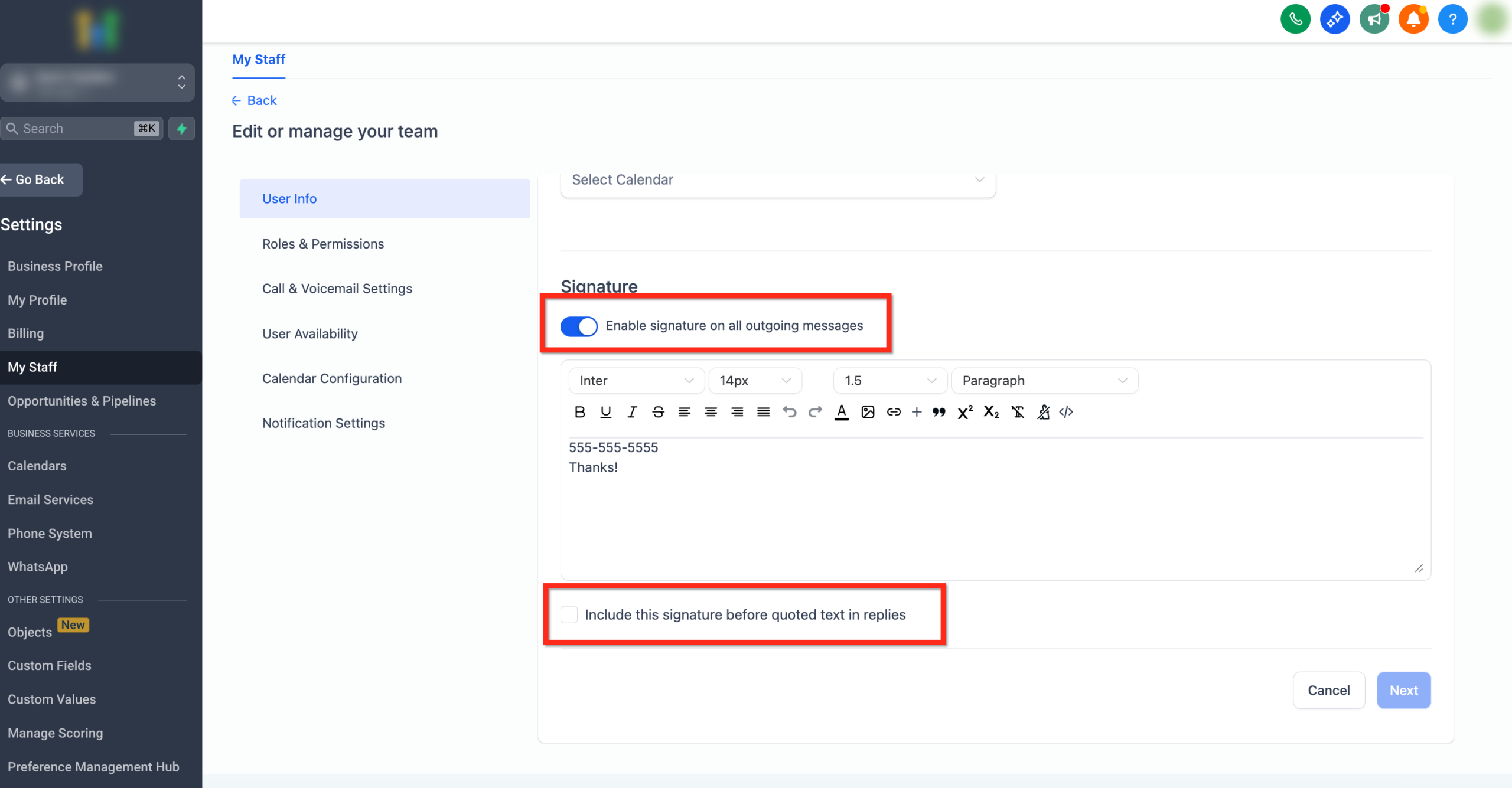 Screenshot of optional email signature settings, including enabling for all outgoing messages and placement before quoted text in replies
