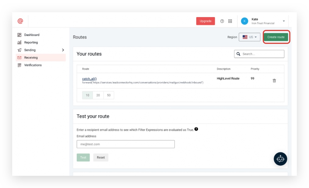 Mailgun Create Route Mailgun Receiving Routes list showing no configured routes and a prominent "Create Route" button