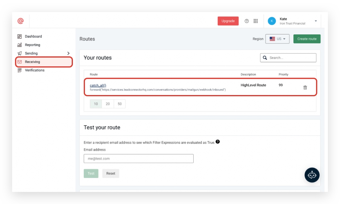 Mailgun Existing Route Mailgun Receiving tab showing a configured route with a webhook for LeadConnector