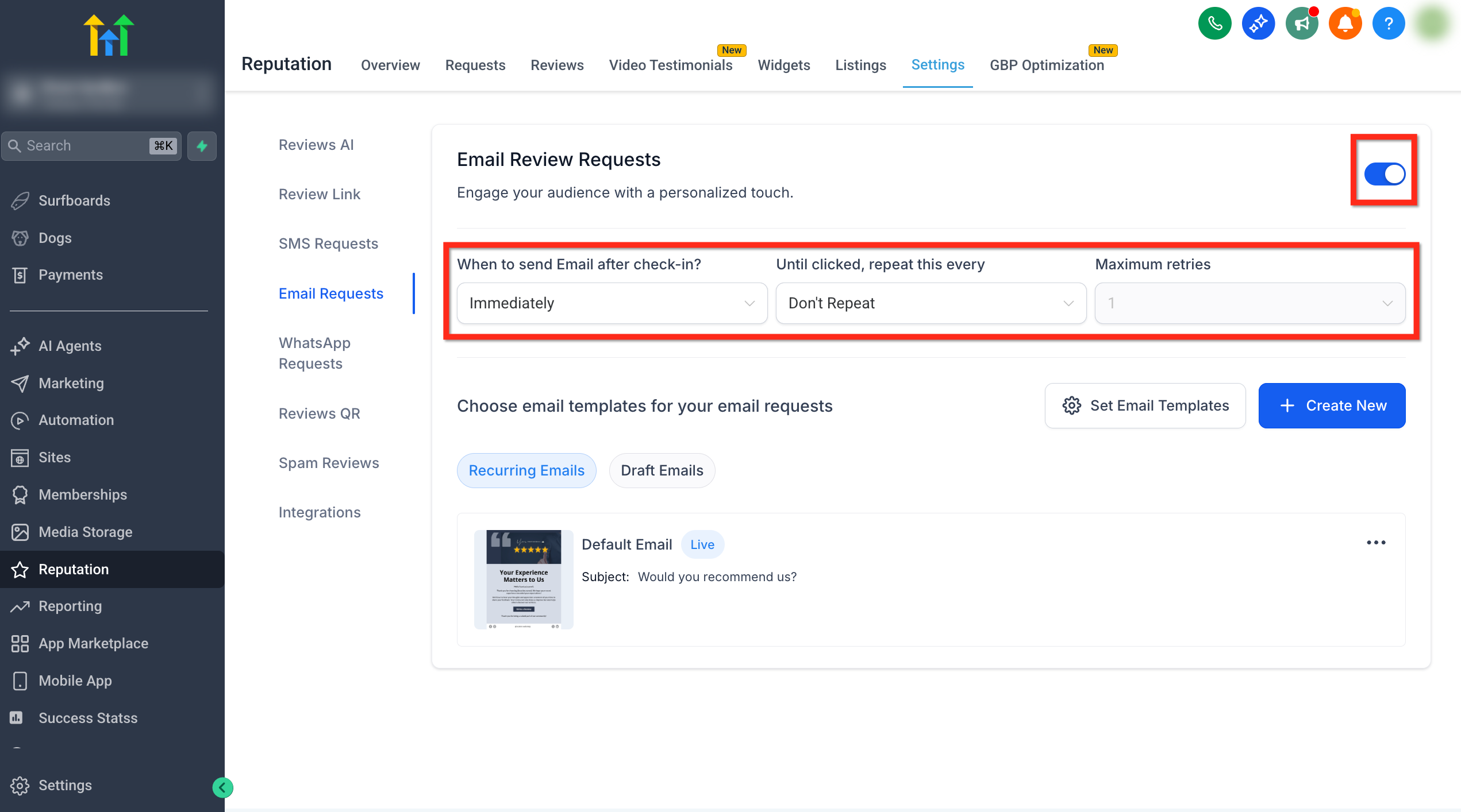 Email Template Options Screenshot of GoHighLevel Email Template options, showing 'Create New' and 'Import from Template Library'.