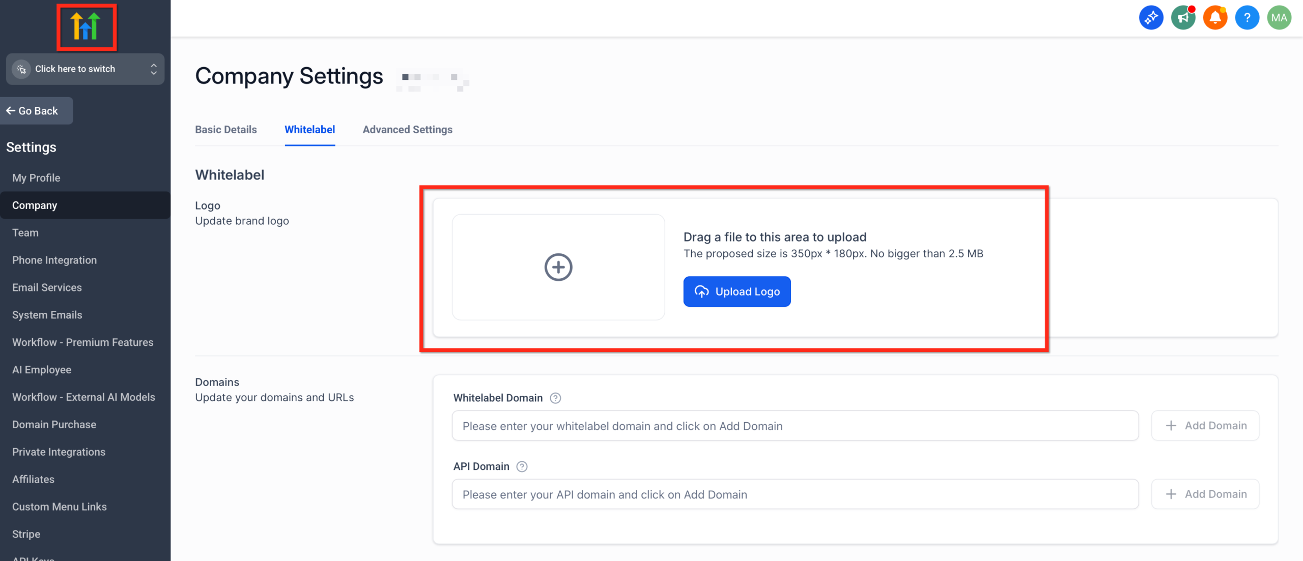 Screenshot of GoHighLevel Agency Company Settings showing fields for uploading an agency logo, and input fields for Privacy Policy and Terms & Conditions URLs.