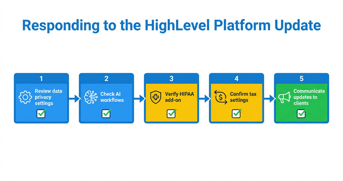 HighLevel Platform Updates Flowchart (Sept 2025) Workflow flowchart illustrating updates to HighLevel's Terms of Service, Privacy Policy, AI Policy, domains, HIPAA, and tax calculations, effective September 22, 2025