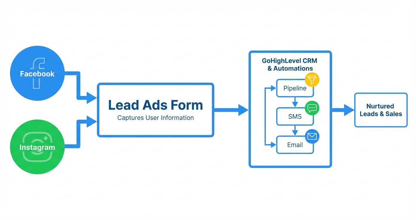 Workflow flowchart illustrating the setup process for Facebook and Instagram Lead Ads within <a href=
