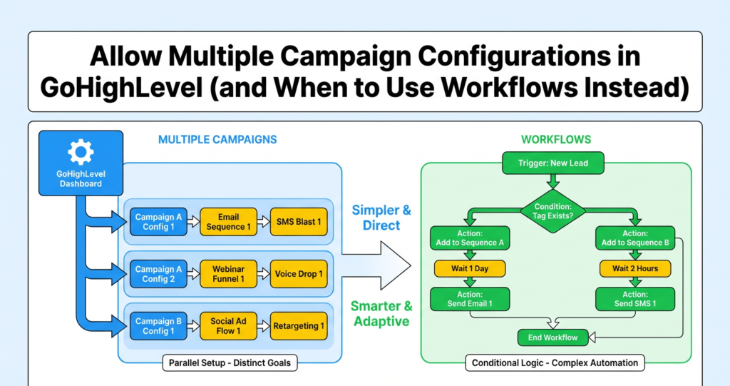 Featured image for Allow Multiple Campaign Configurations in GoHighLevel (and When to Use Workflows Instead)