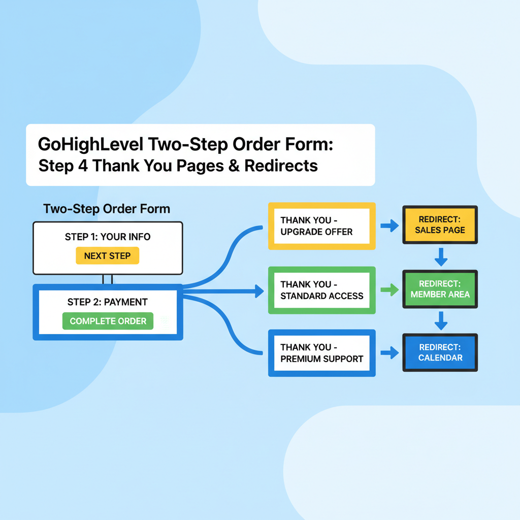 Featured image for GoHighLevel Two-Step Order Form: Step 4 Thank You Pages & Redirects (Step-by-Step Guide)