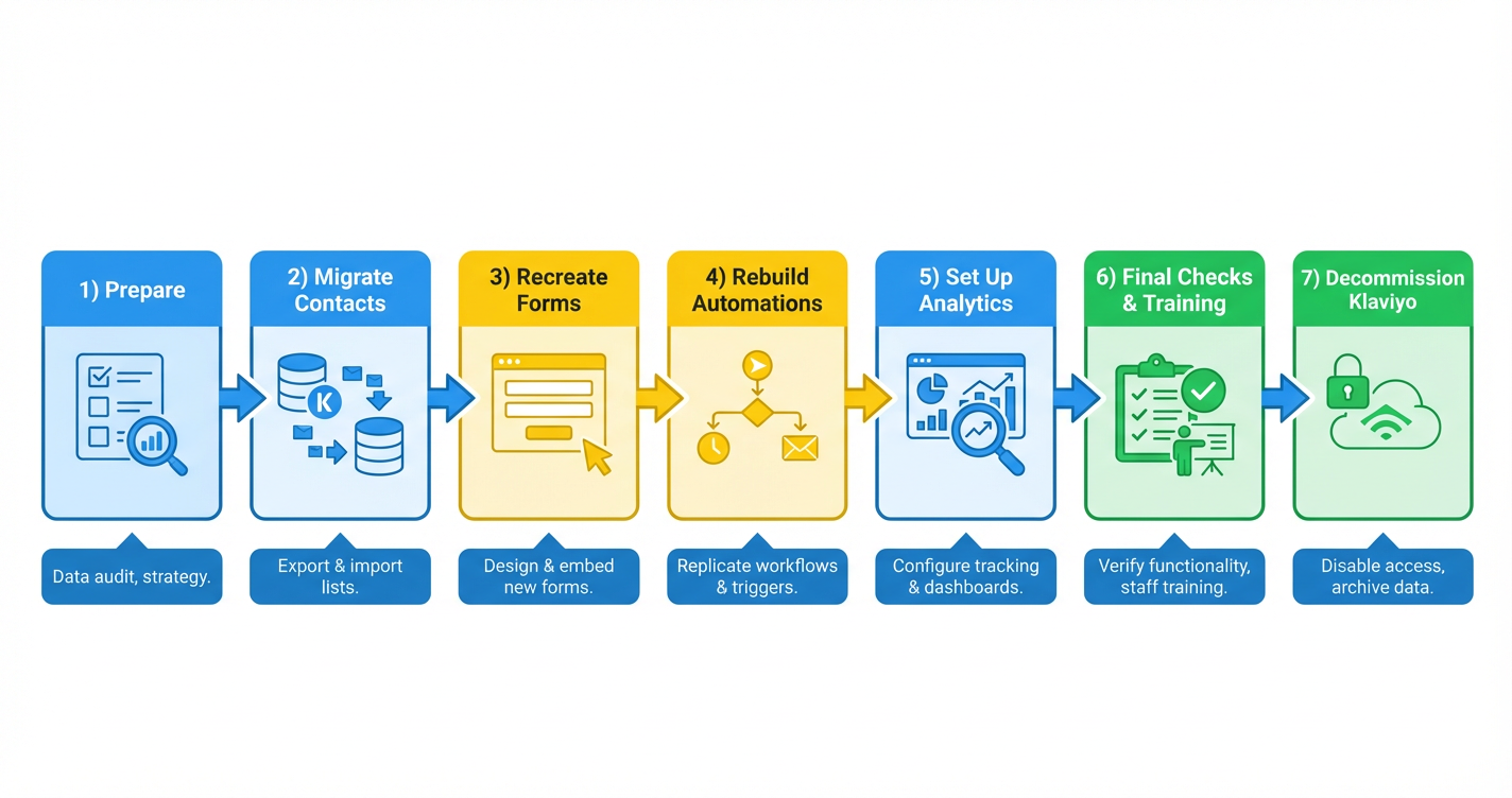 Workflow flowchart for Klaviyo to HighLevel Migration Guide (Step-by-Step Playbook) FlowChart Outline