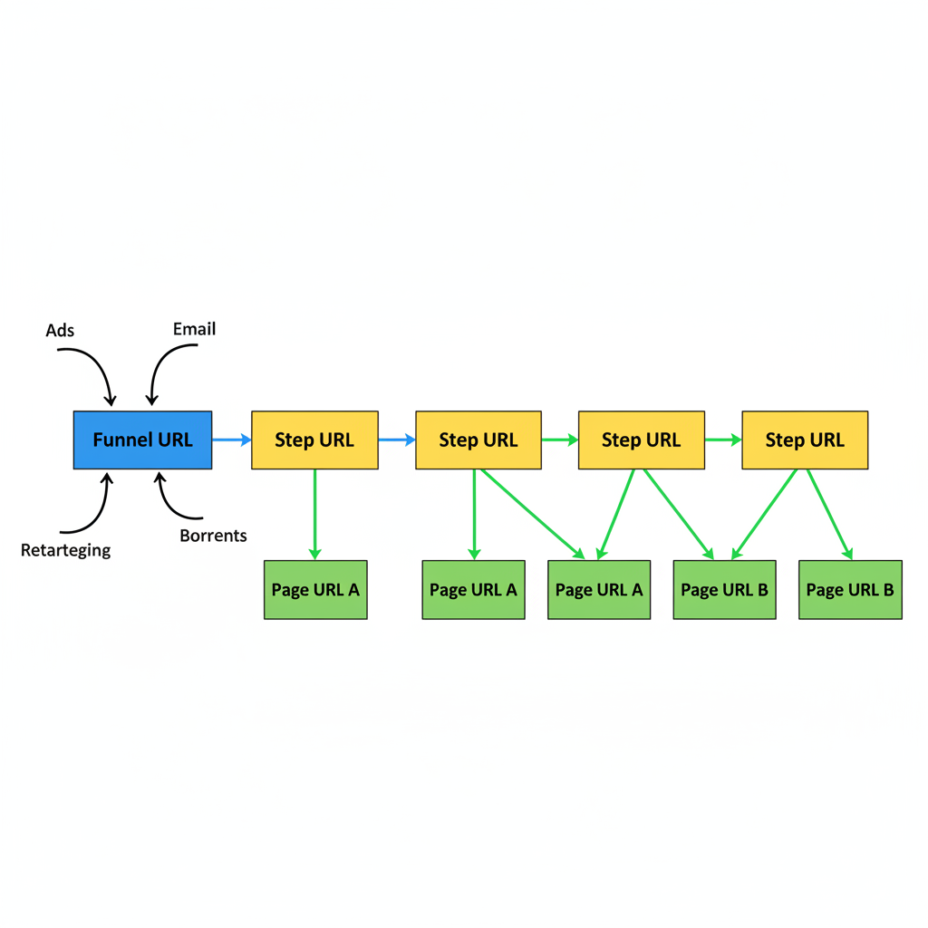 Workflow flowchart illustrating the relationship between Funnel URL, Step URL, and Page URL in <a href=