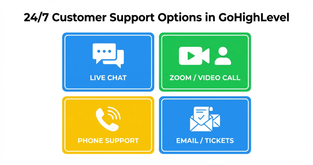 Featured image for GoHighLevel 24/7 Support: Live Chat, Phone, Zoom & Ticket Options Explained