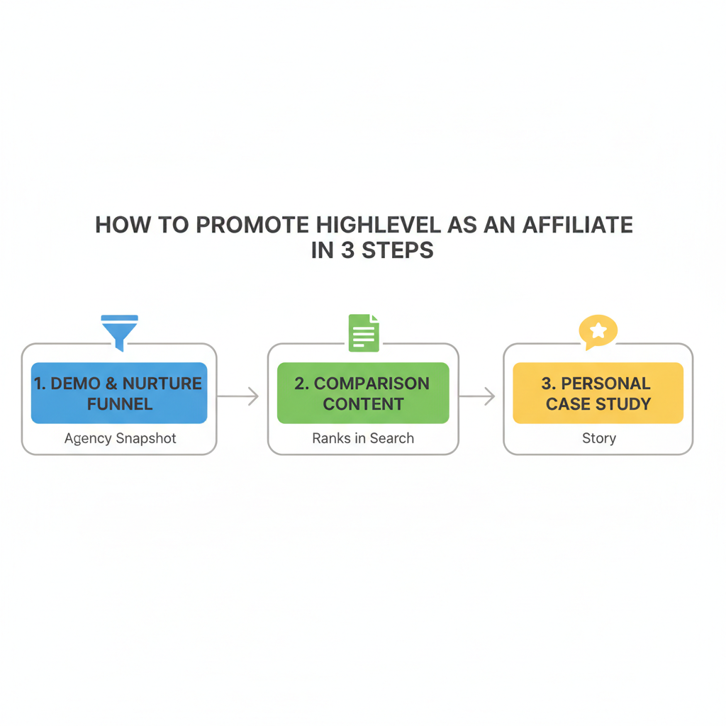 Workflow flowchart for Promoting HighLevel as an Affiliate: 3 Proven Strategies for Recurring Revenue Workflow flowchart illustrating the 3 proven strategies for promoting HighLevel as an affiliate, covering demo funnels, comparison content, and personal transition stories.