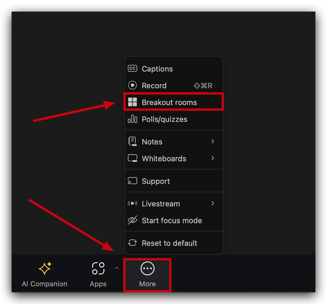 Zoom meeting screen displaying a prompt to join or leave a breakout room.