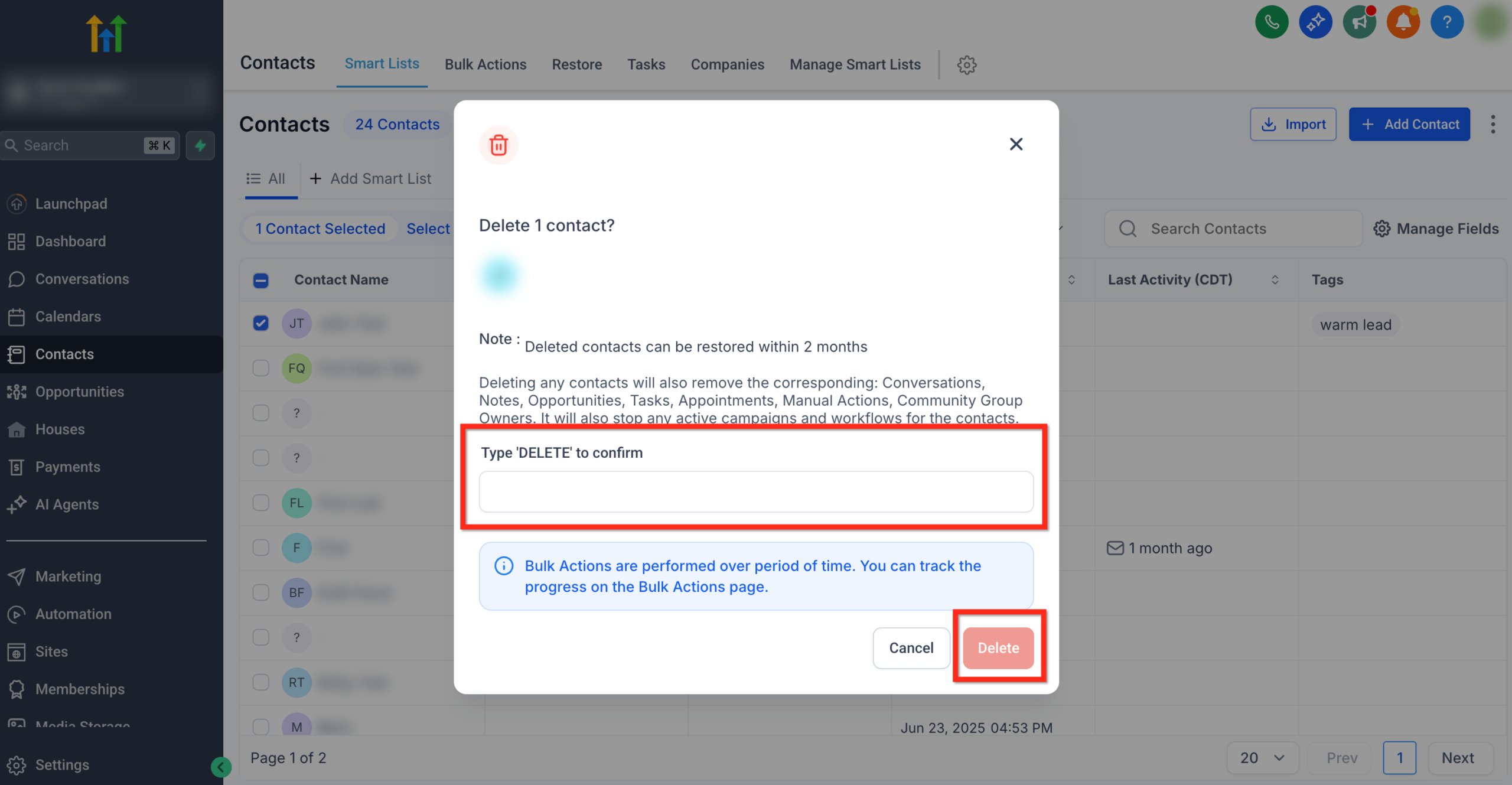Screenshot of the confirmation popup for deleting a contact