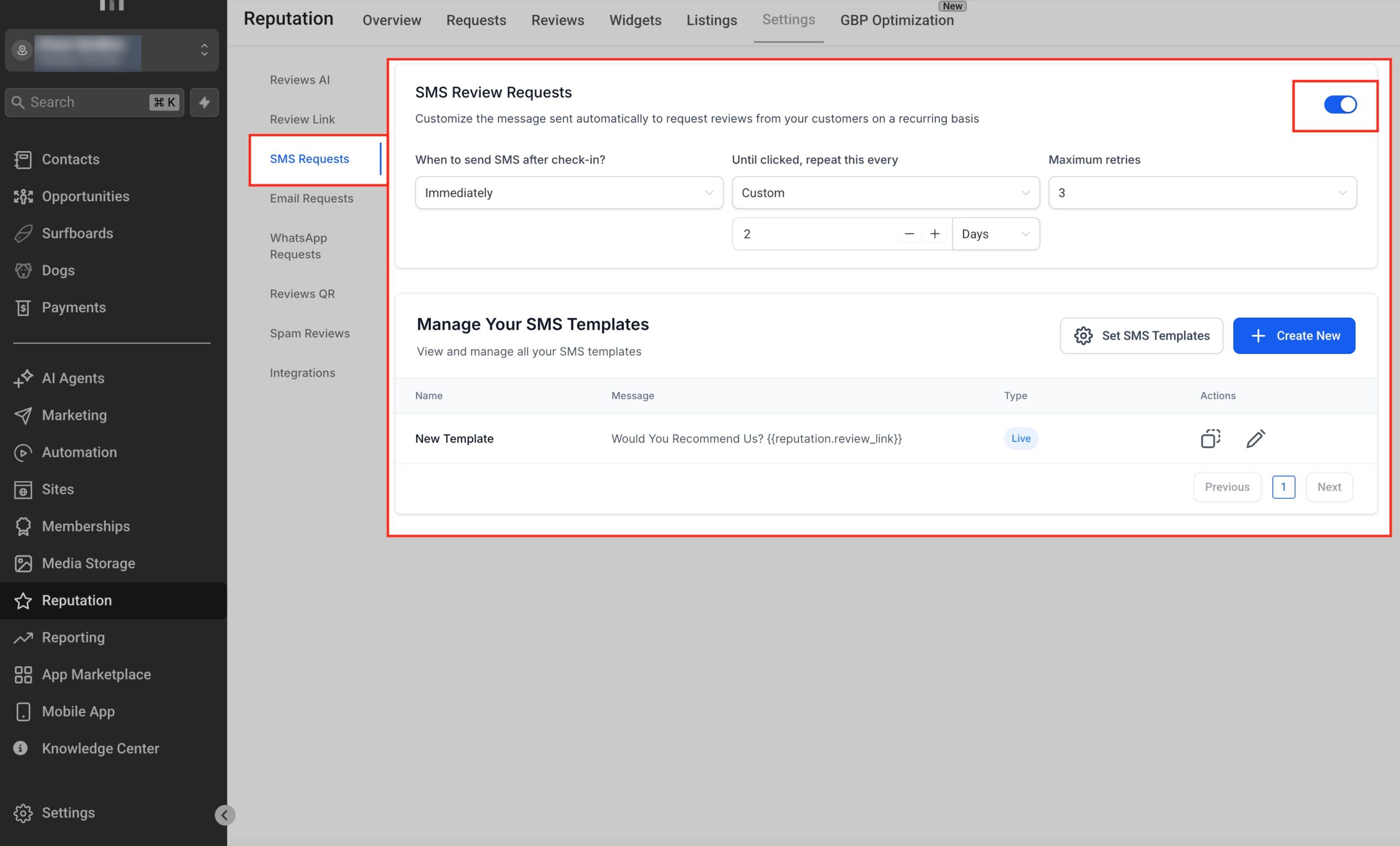 SMS Request Cadence Setup Screenshot of GoHighLevel SMS Request Cadence Setup, highlighting timing, frequency, and maximum retries.