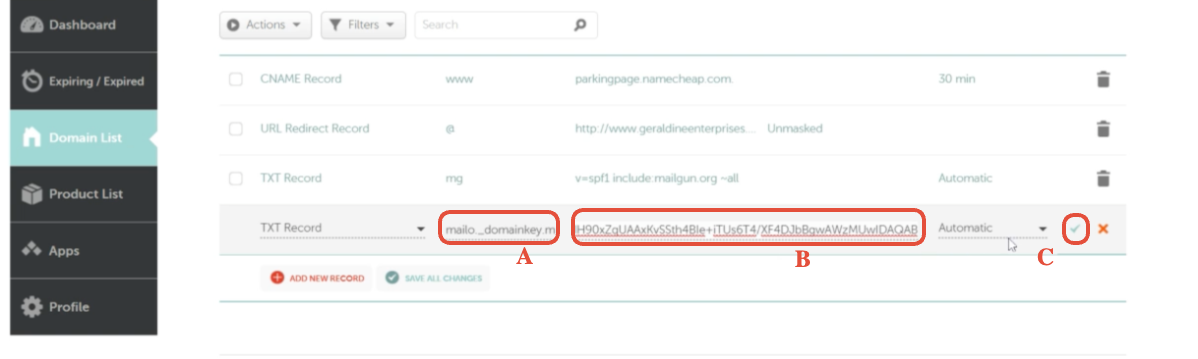 Namecheap TXT Record Type Screenshot of the Namecheap record type selector with TXT highlighted