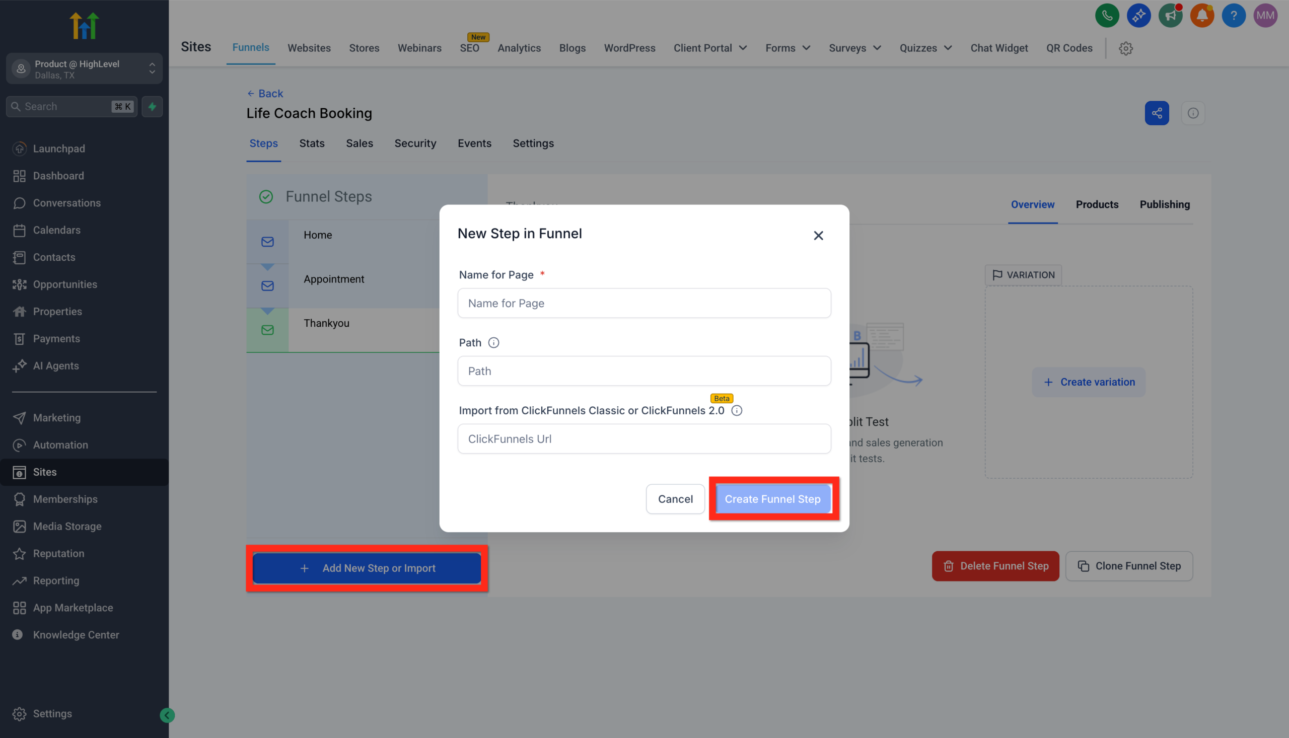 Screenshot of the 'Create Funnel Step' dialog in GoHighLevel, where users define the name, path, and type of a new funnel page.